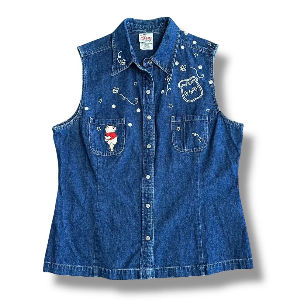 Rare Vintage Disney Store Winnie the Pooh Denim Vest Hunny Bees 90s Y2K‎ L